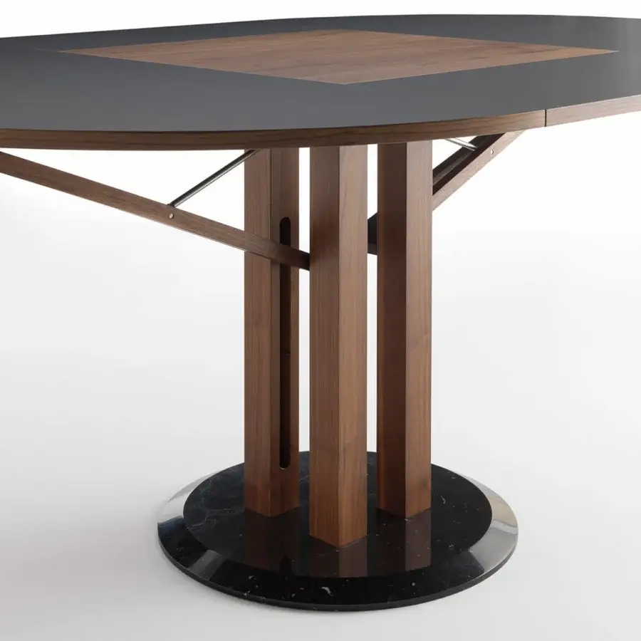 Distinguished Horm Flower extendable table with dark Fenix tabletop, Canaletto walnut veneer and black marble base