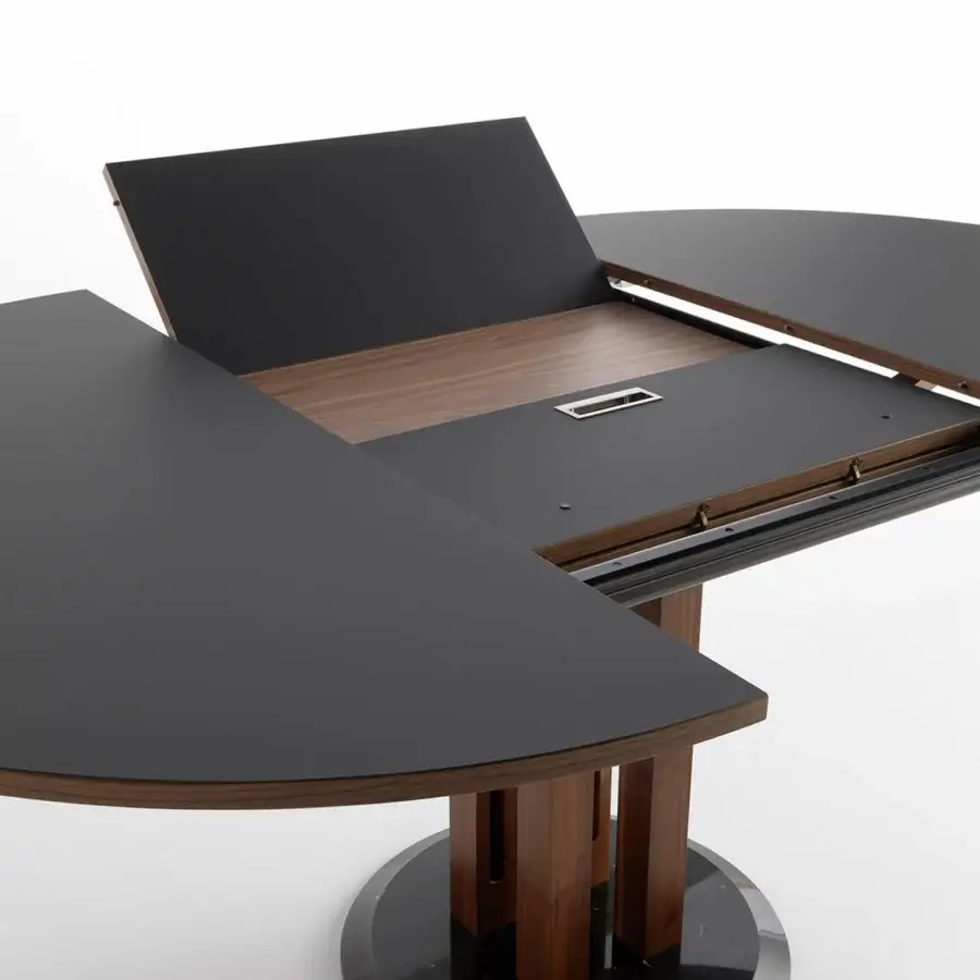 Exceptional Horm Flower extendable table with dark gray Fenix tops, Canaletto walnut edges, legs and a stone-like base