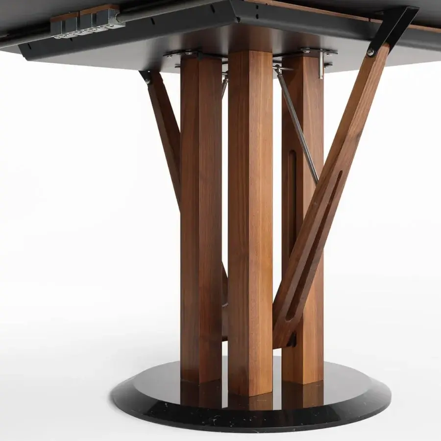 Superior Horm Flower extendable table with dark Fenix veneered tops, Canaletto walnut edging and dark marble base
