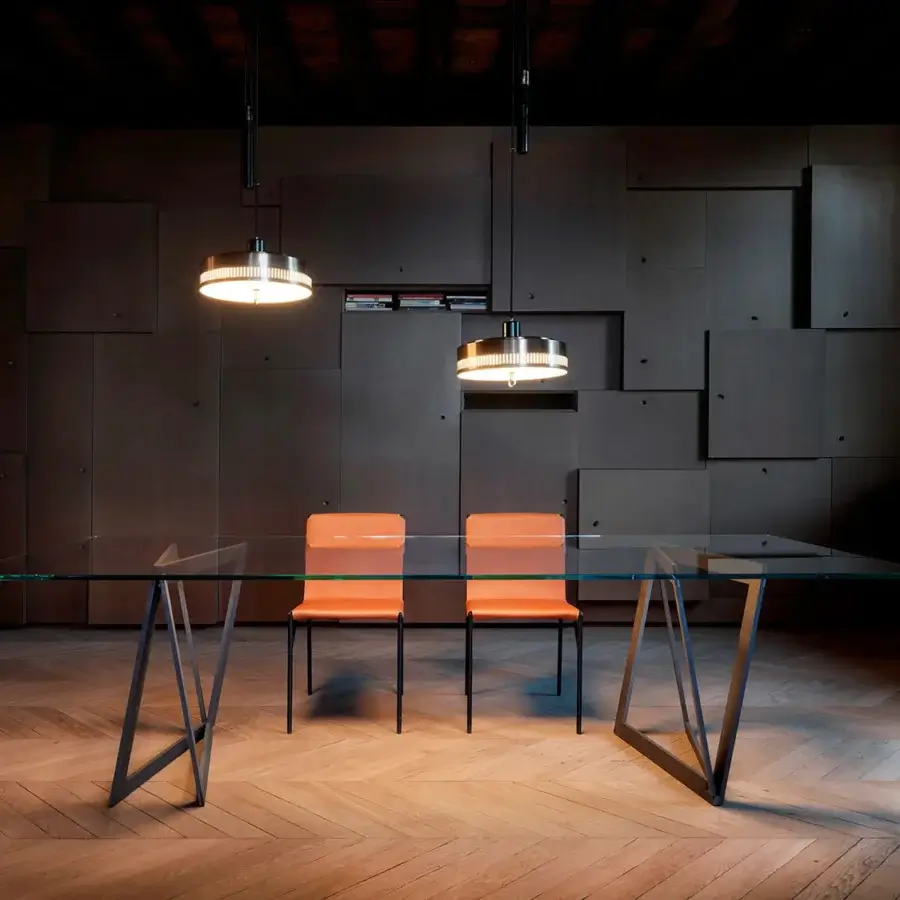 Exclusive Horm Tout Le Jour table with geometric form and wide rectangular glass tabletop in matte dark gray metalwork
