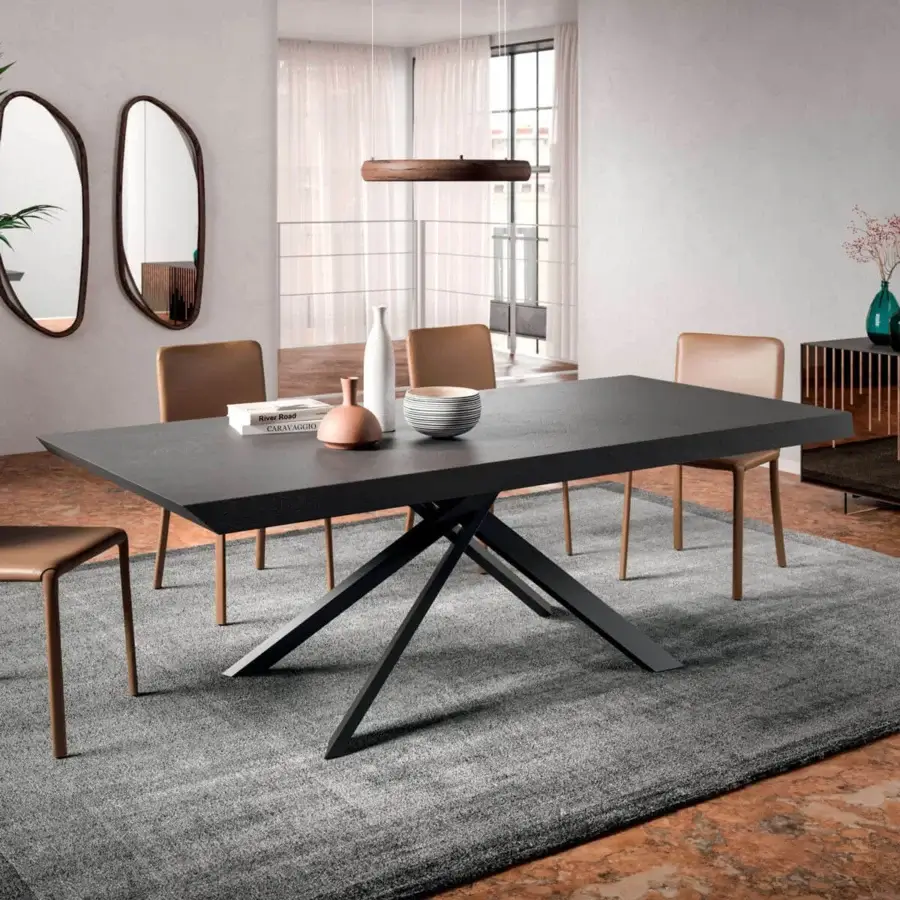 Exceptional Ozzio Italia Arizona table with a wide rectangular top and uniquely shaped wooden base in a dark finish
