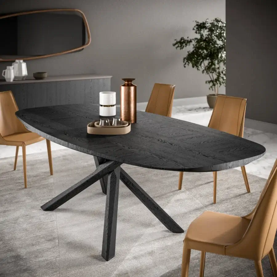 Superior Ozzio Italia Arizona table with a shaped wooden base and oval top in dark stained wood finish