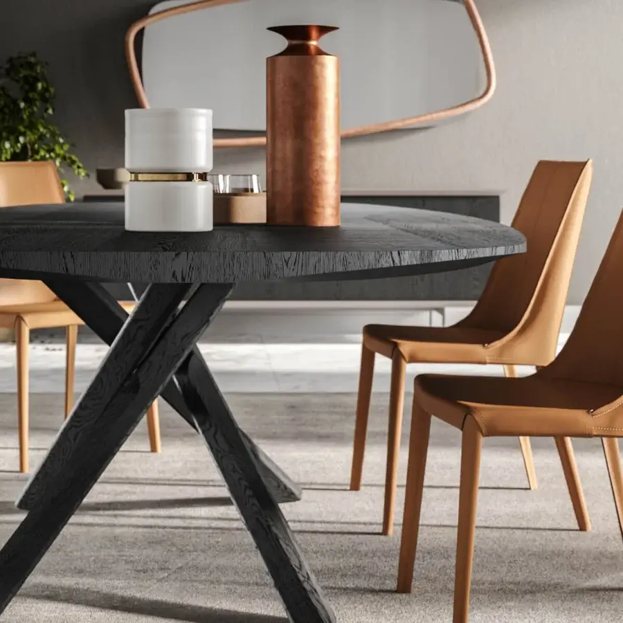 Elegant Ozzio Italia Arizona table with a shaped wooden base and round top in a dark matte stain