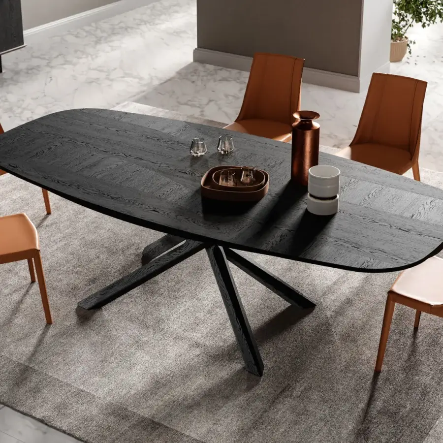 Distinguished Ozzio Italia Arizona table with a shaped wooden base and oval top in a dark matte finish
