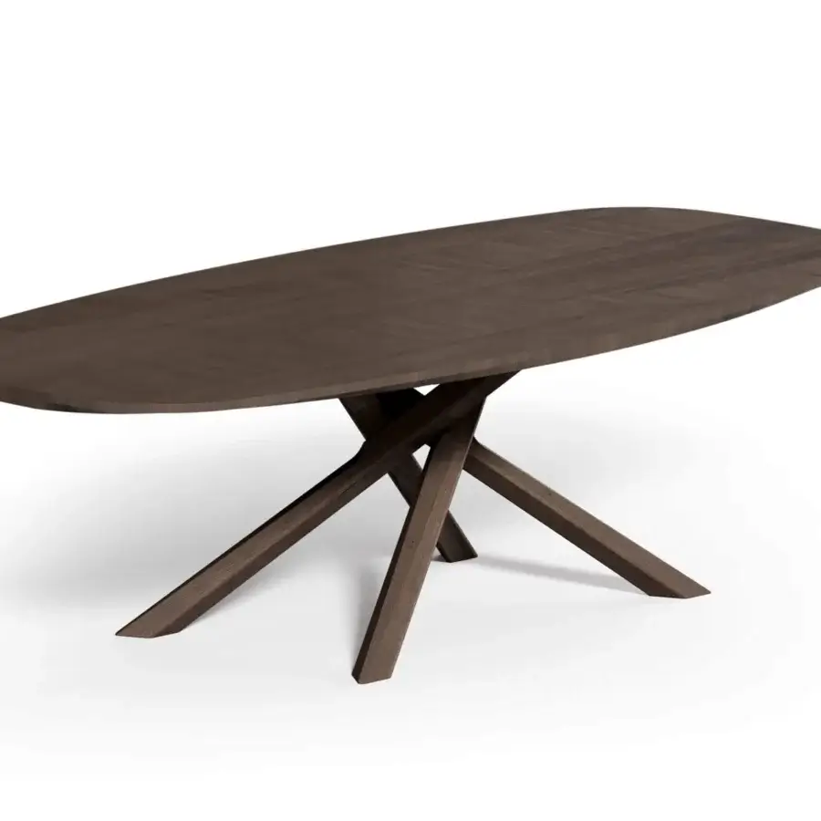Exceptional Ozzio Italia Arizona table with a shaped wooden base and oval herringbone patterned top showcasing elegant finishes