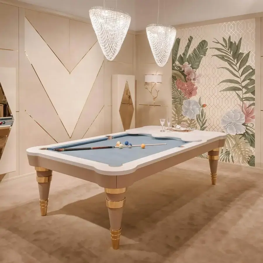 Superior Vismara Regis pool table with a solid wood framework and light blue Simonis cloth playing surface in gold-plated steel legs