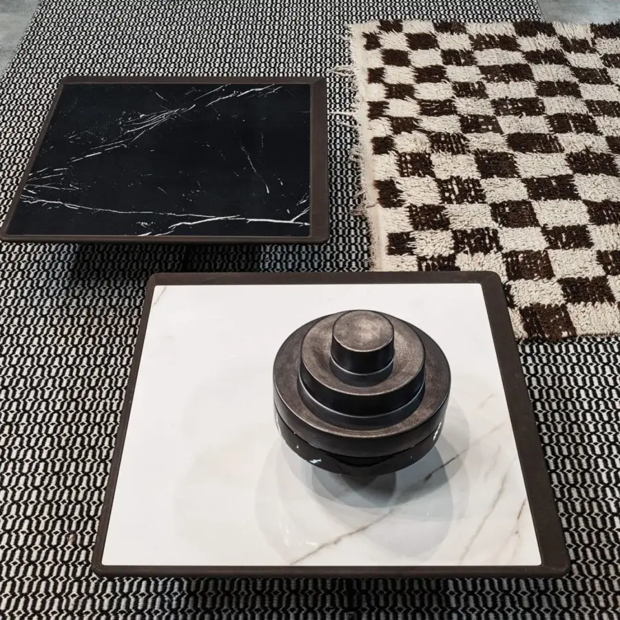 Distinctive Laurel&Hardy coffee and side table with a black marble effect ceramic top and dark brown leather edge crafted in Italy