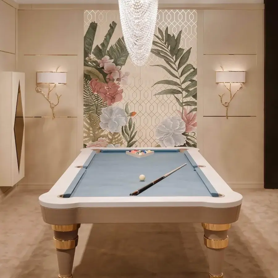 Lavish Vismara Regis pool table crafted with light blue Simonis cloth and off-white European leather accents within a lacquered wood framework