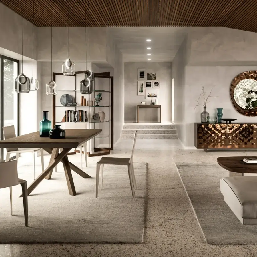 Elegant Ozzio Italia Arizona extendable table crafted in medium brown wood with a striking X-shaped base and matte finish