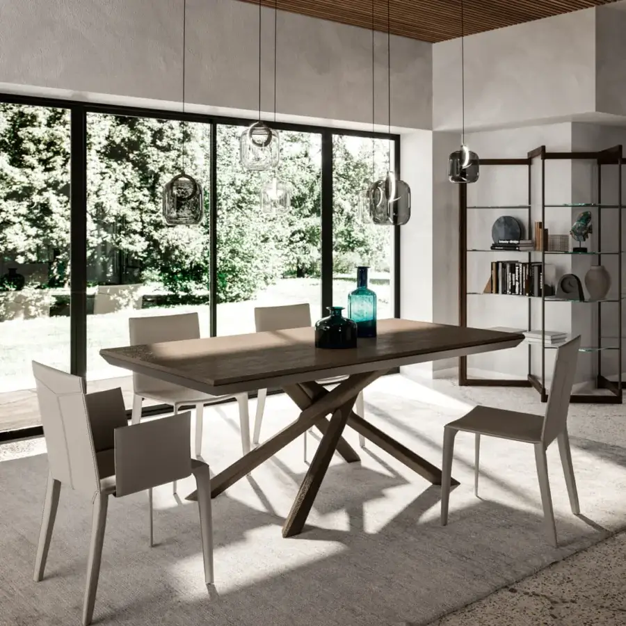 Superior Ozzio Italia Arizona extendable table crafted in dark brown wood with intersecting supports and a natural grain finish