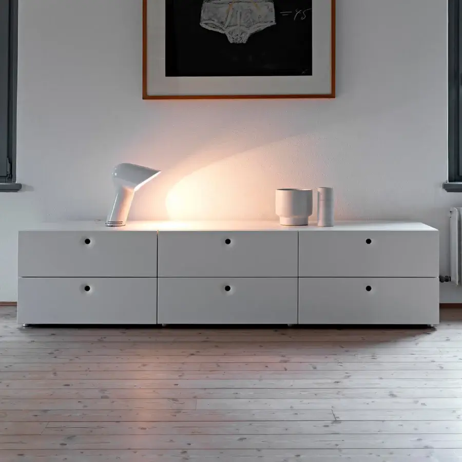Distinguished Horm Anish sideboard crafted in Italy with a light gray matte finish and unique recessed handle