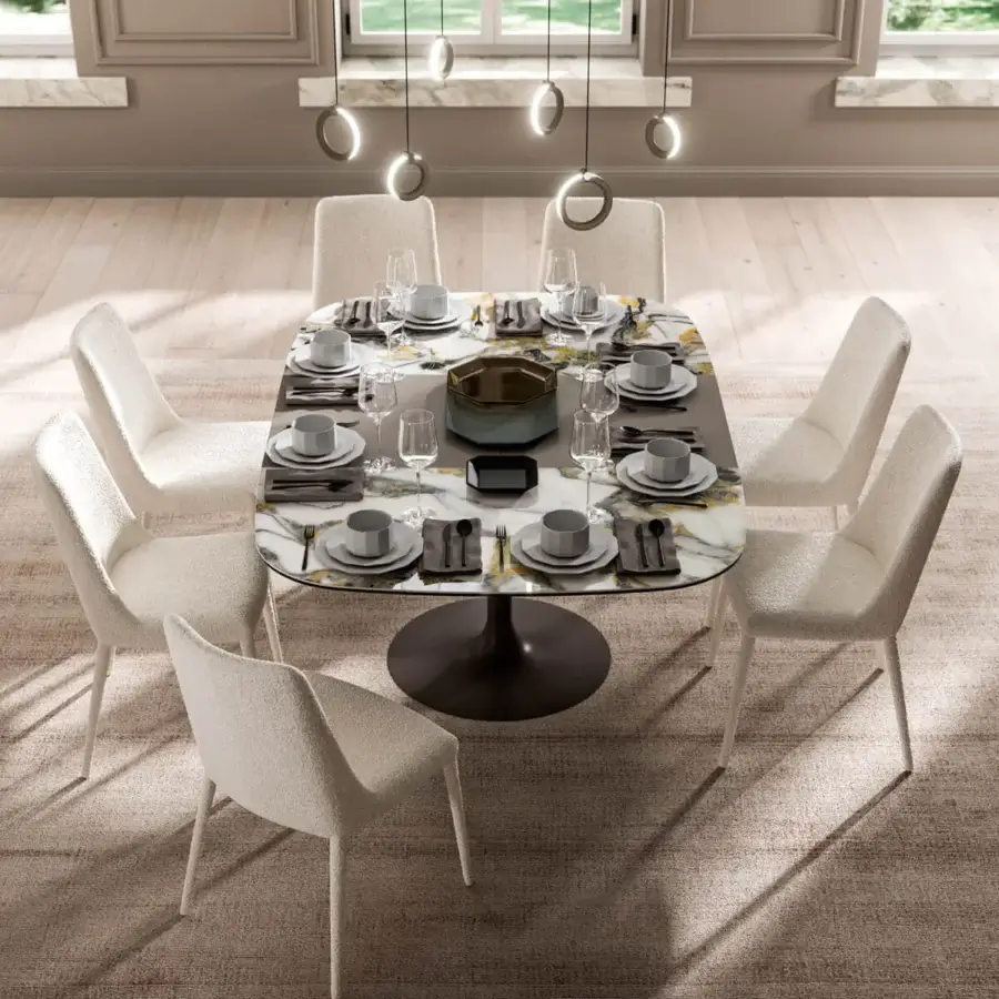 Superior Ozzio Italia Bravo table with marbled ceramic tabletop and synchronized elongation mechanism built with a painted metal base