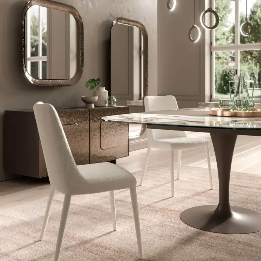 Exceptional Ozzio Italia Bravo table with transparent anti-fingerprint glass top and dark brown painted metal base