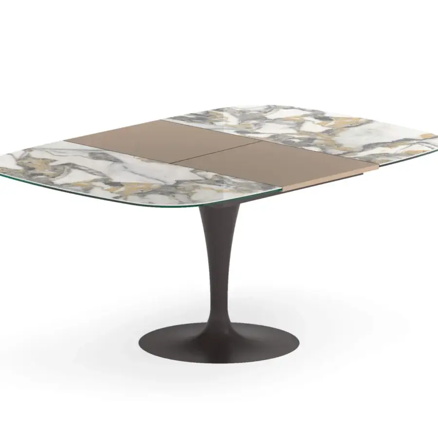 Distinguished Ozzio Italia Bravo table with marbled white, gray, and gold ceramic top and matte brown glass extension in dark painted metal