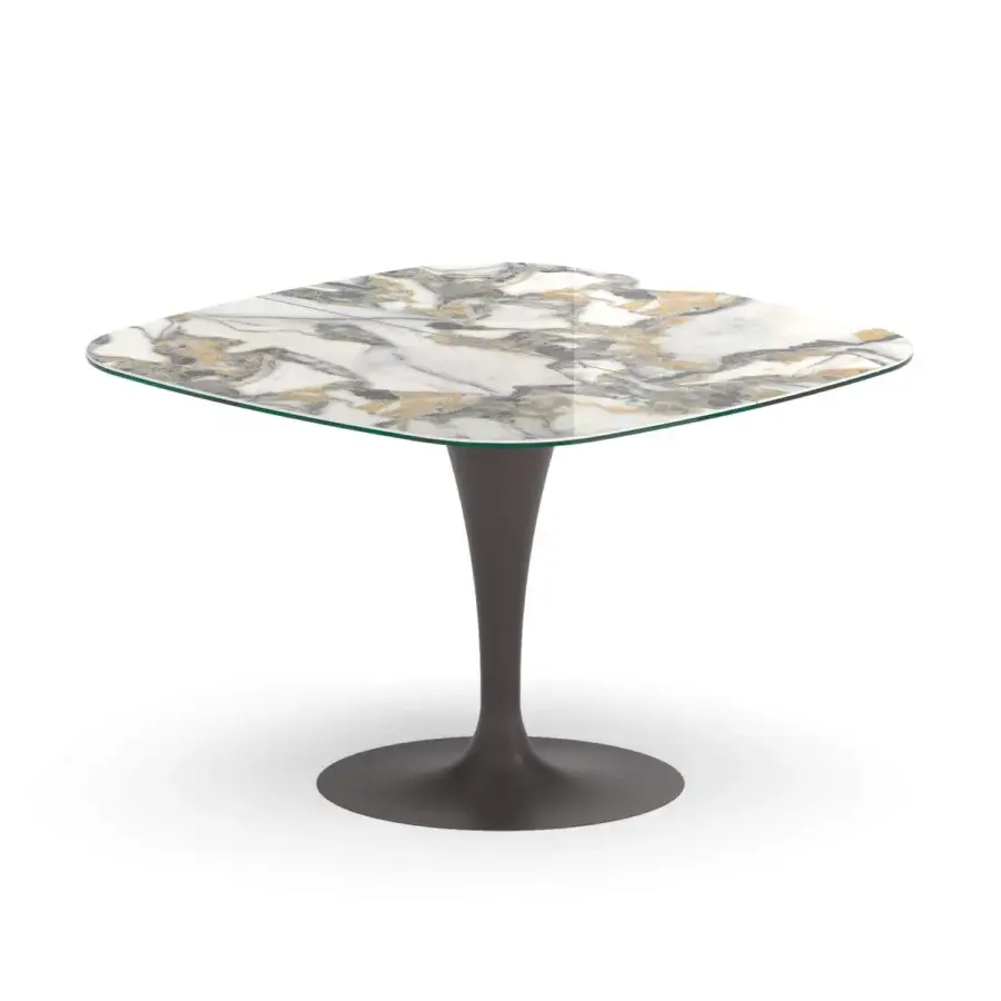 Superior Ozzio Italia Bravo table with synchronized elongation and white, gray, gold marbled ceramic top with clear glass edge