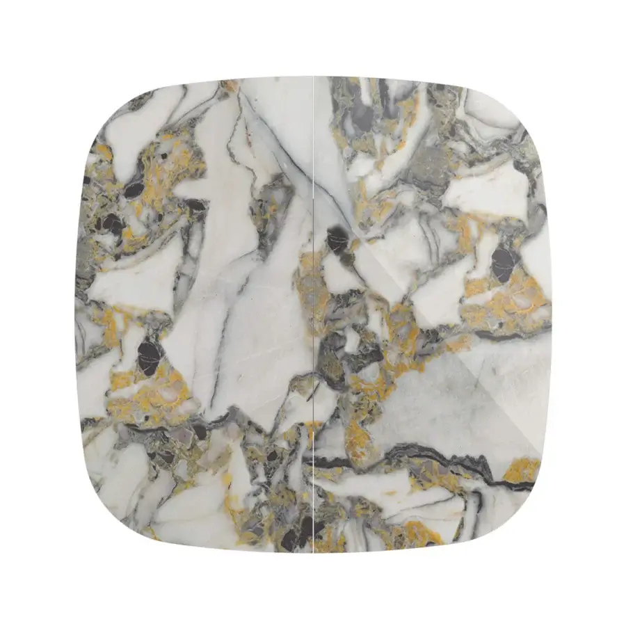 Elegant Ozzio Italia Bravo table with glossy white marble, dynamic veining and painted metal base crafted in Italy