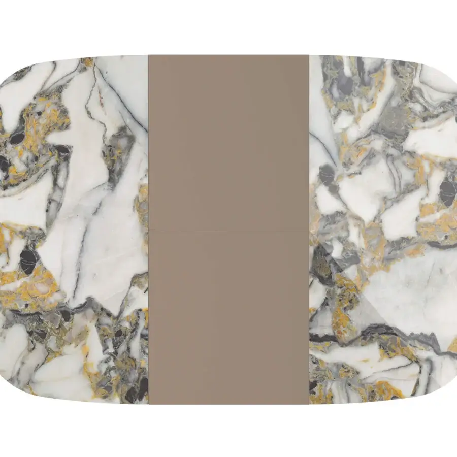 Exceptional Ozzio Italia Bravo table with rounded rectangular ceramic top in white, gray and gold tones with matte taupe band