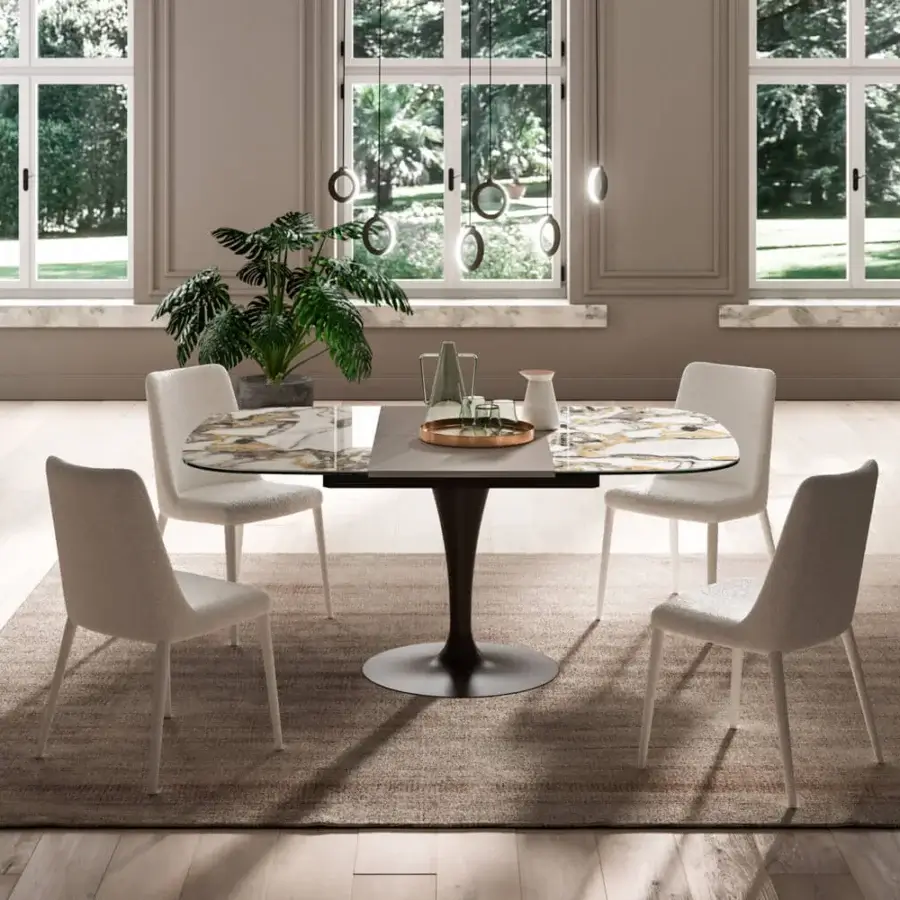 Distinguished Ozzio Italia Bravo table with synchronized extension and glossy marble-like ceramic top in creams and browns with dark brown accents