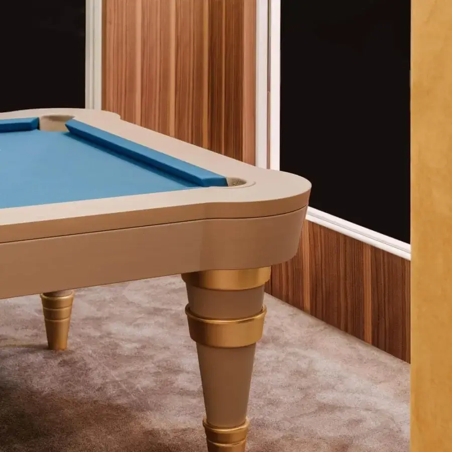 Superior Vismara Regis pool table crafted with solid wood, vibrant blue Simonis cloth and gold plated steel legs with European leather