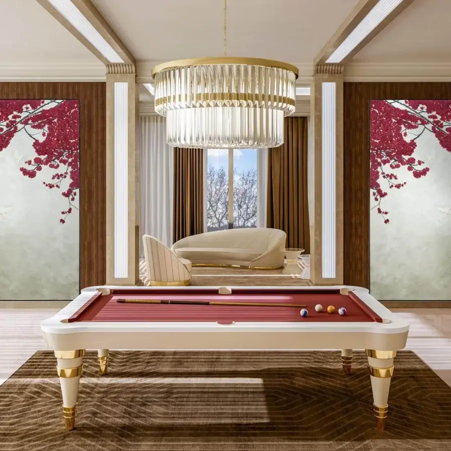 Distinguished Vismara Regis pool table with glossy wooden frame, gold-plated steel legs and red Simonis cloth playing surface in European leather