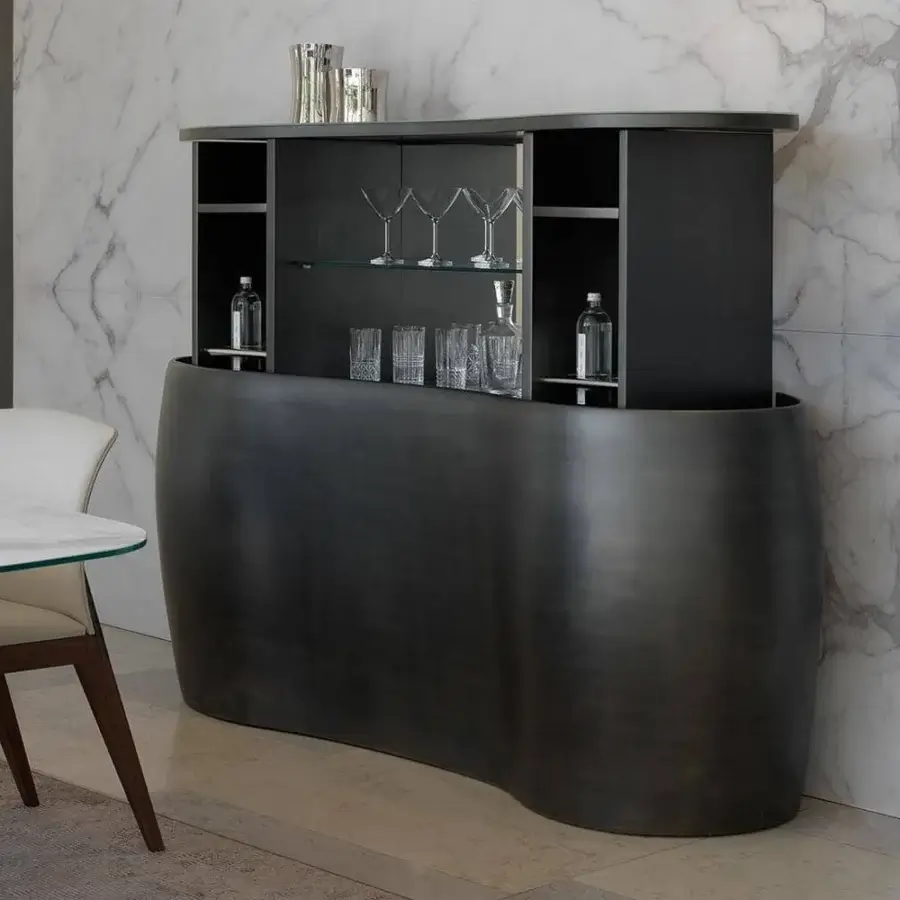 Distinguished Reflex Coco de Mer bar cabinet with uniquely shaped wooden frame and marble-inspired top in lacquered finish