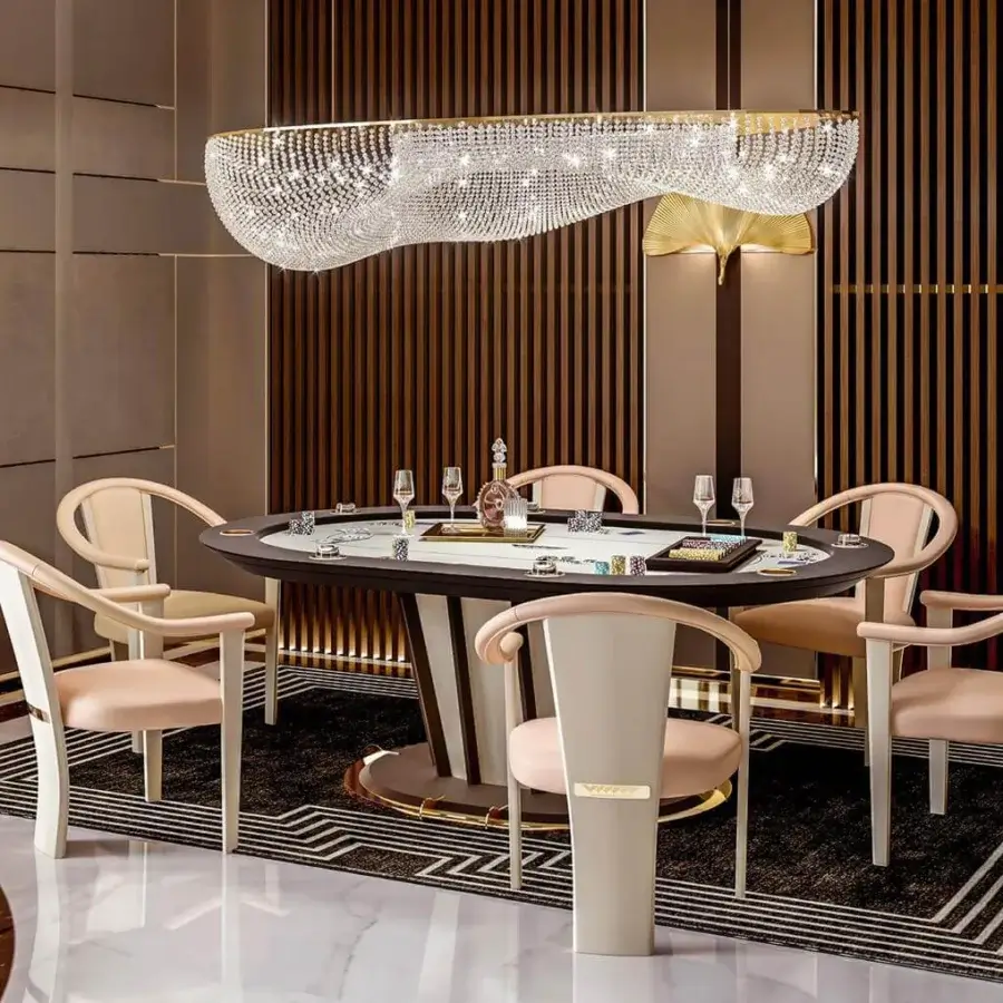 Elegant Vismara Desire poker table with customizable textile playing surface and Soft Touch lacquered edge built with chrome steel cup holders