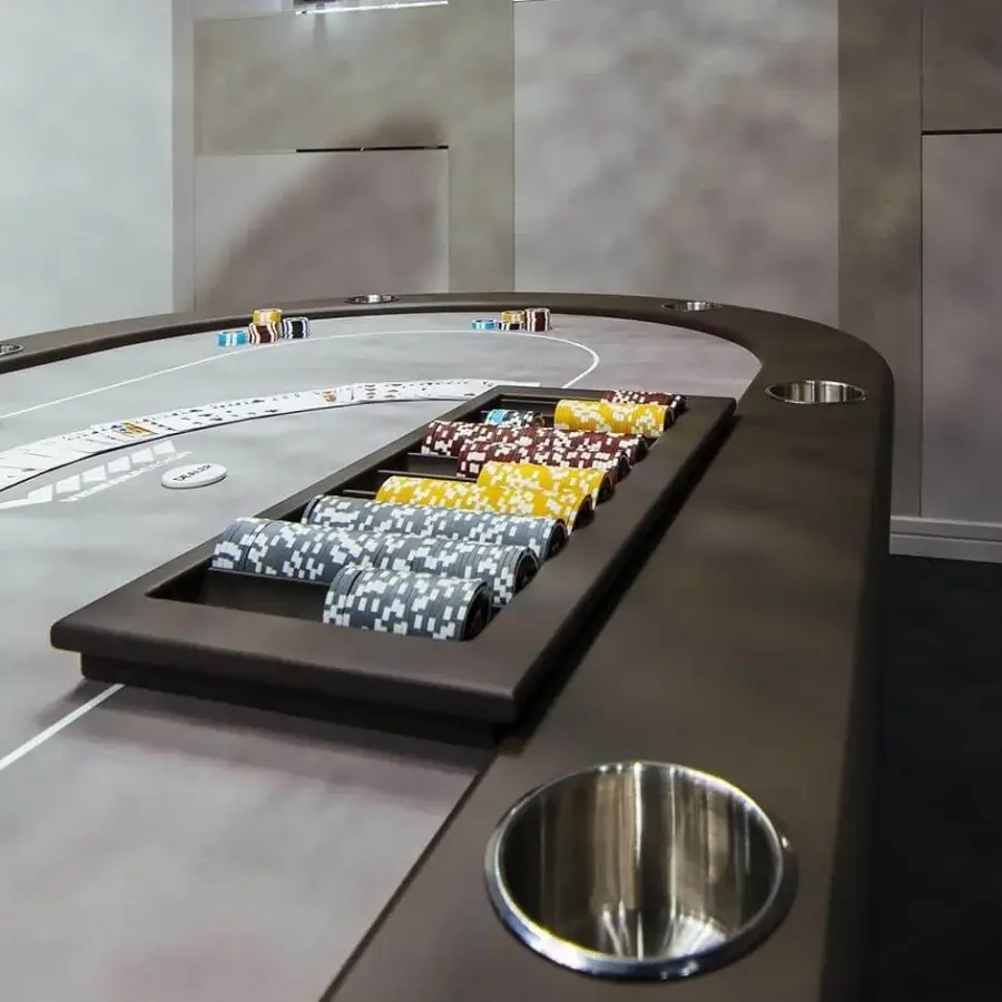 Distinguished Vismara Desire poker table crafted in dark wood with a smooth matte finish and built-in chrome steel cup holders