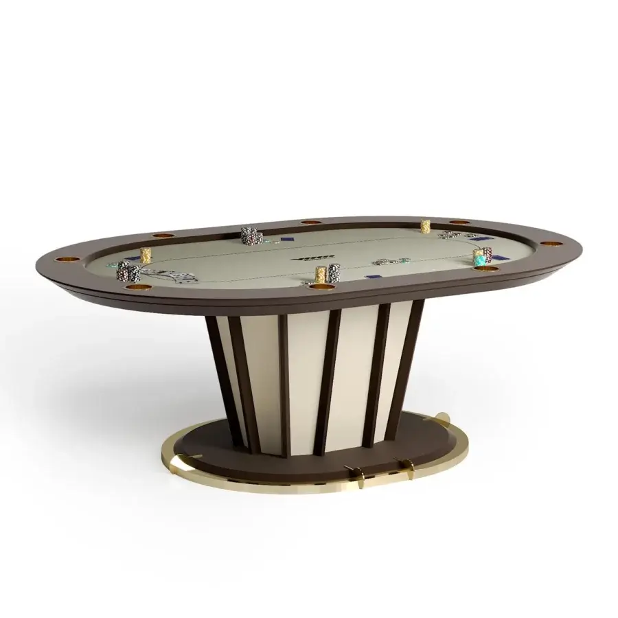 Lavish Vismara Desire poker table with a light beige padded surface and dark brown Soft Touch lacquered edge built with chrome steel cup holders