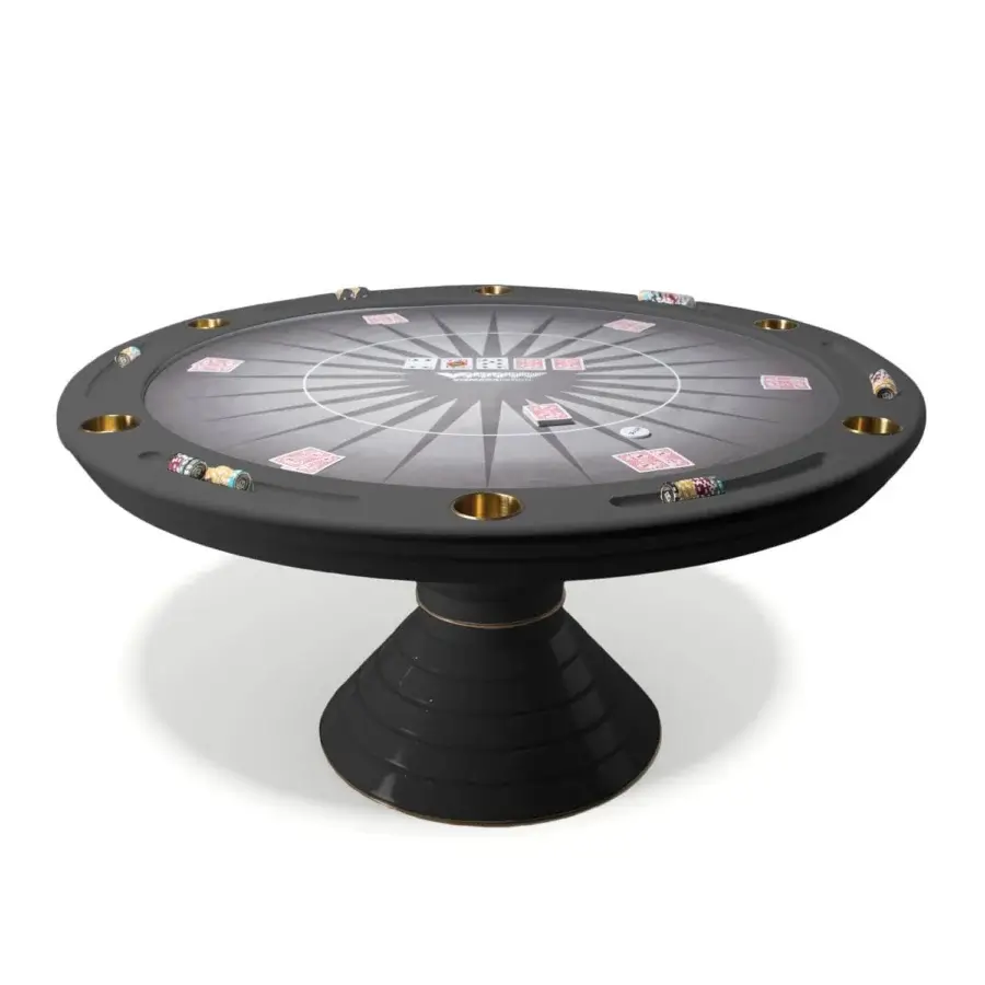 Exceptional Vismara Vegas poker table with a glossy black lacquered ring base and matte black playing surface crafted with polished gold steel