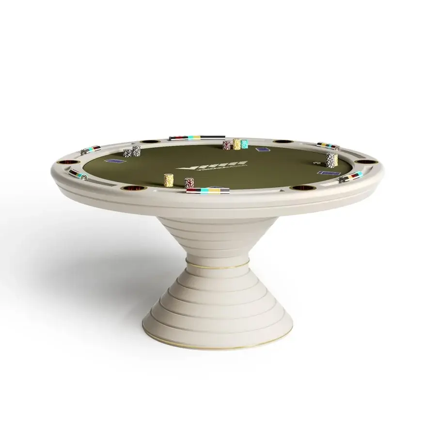 Sophisticated Vismara Vegas poker table with a green padded microfiber tabletop and spiraling rings base crafted with steel profiles