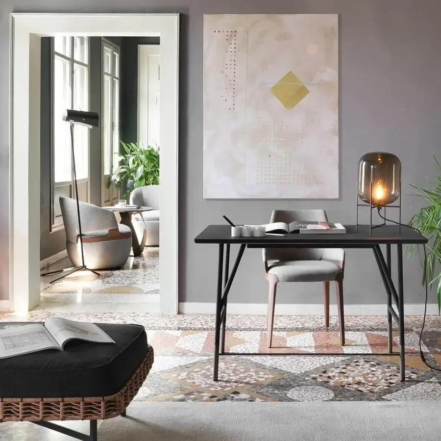 Elegant Potocco Velis lounge chair upholstered in light gray textile with Canaletto walnut armrests and slender dark legs