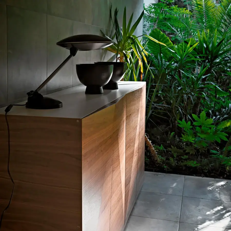 Exceptional Horm Not Riddled sideboard in medium-toned wood with laser-inscribed doors and a smooth matte finish