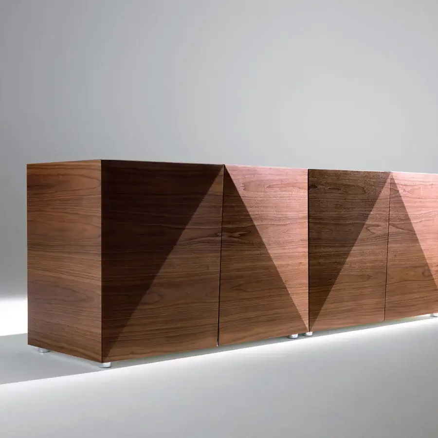Distinguished Horm Not Riddled sideboard crafted in medium-toned wood with innovative diamond-shaped doors and laser-inscribed finish