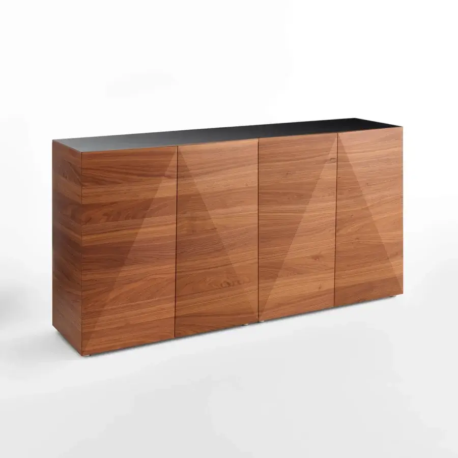 Distinguished Horm Not Riddled sideboard crafted in light to medium brown wood with origami-like folding and triangular patterns