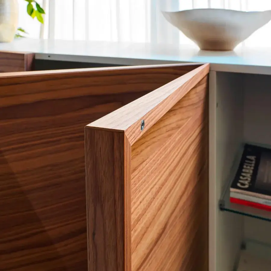 Distinguished Horm Not Riddled sideboard in medium brown wood with origami-like laser-inscribed doors and smooth finish