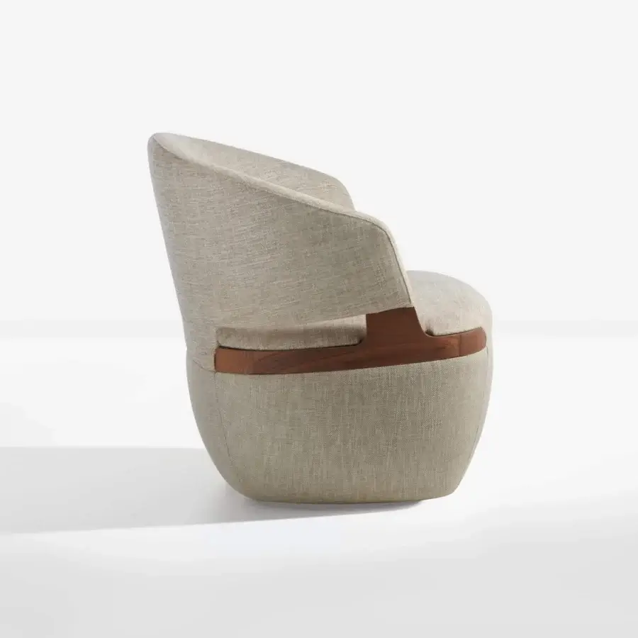 Superior Potocco Velis lounge chair with light beige textile upholstery and dark brown Canaletto walnut armrests built with a rotating base