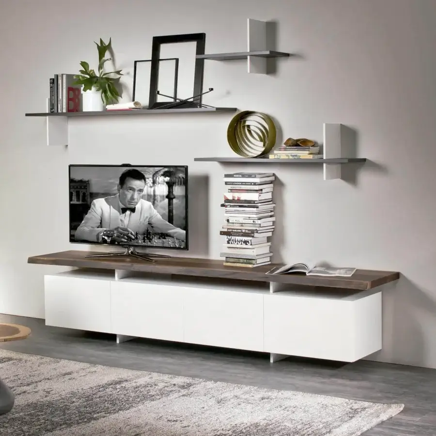 Elegant Cattelan Italia Seneca TV stand with matt white painted base and Canaletto walnut top exhibiting irregular edges