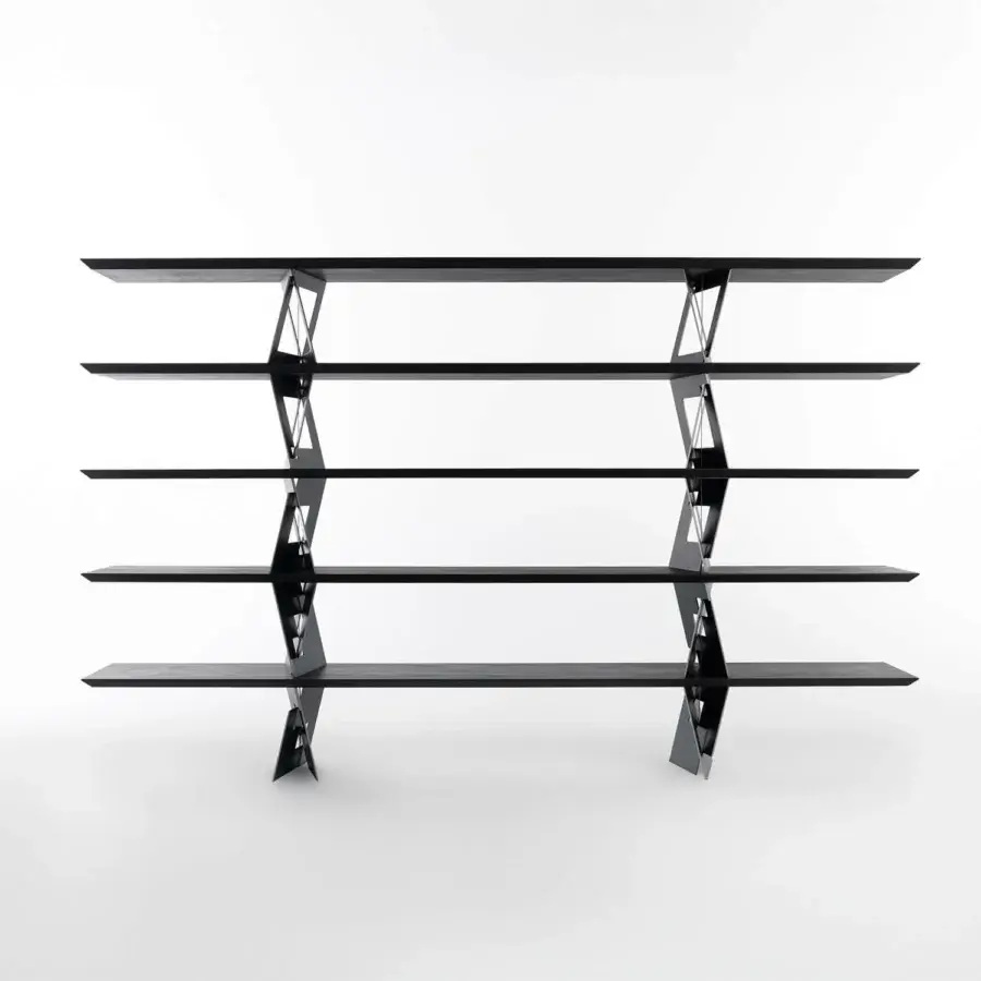 Superior Horm Quadror 04 bookcase with moka-stained ashwood shelves and a matte black aluminum reinforced structure