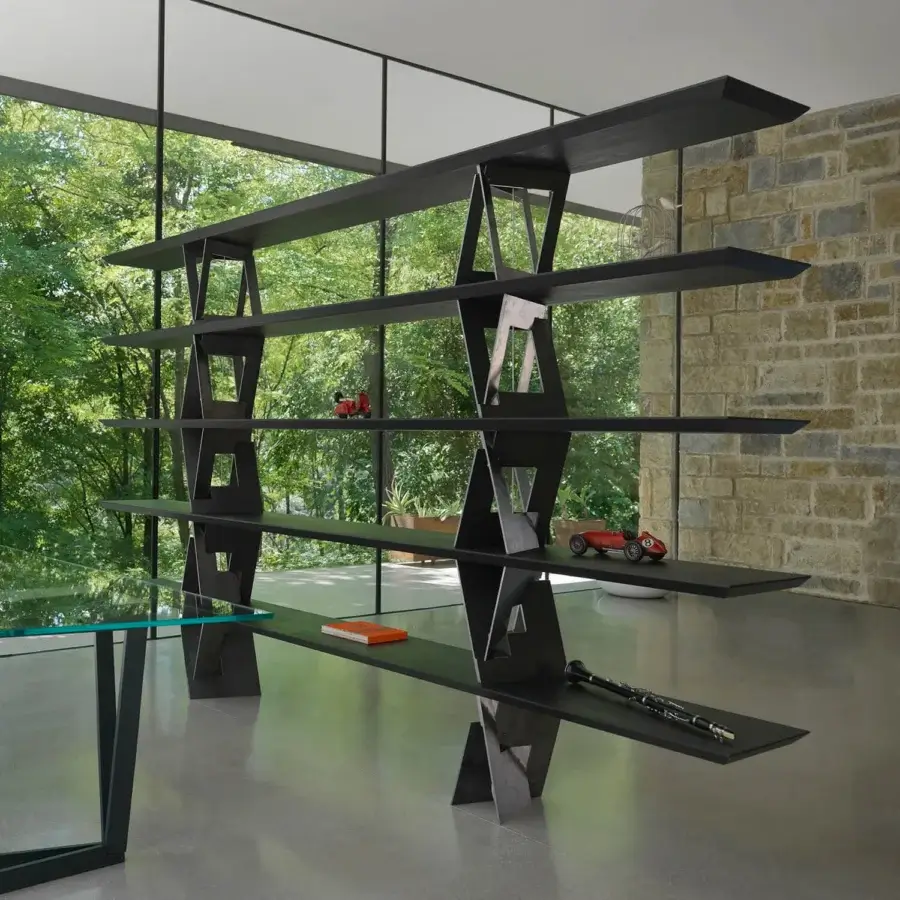 Distinctive Horm Quadror 04 bookcase with honeycombed moka-stained ashwood veneered spruce shelves and raw metal structure
