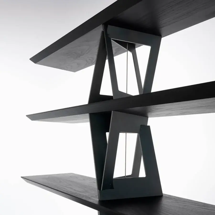 Exceptional Horm Quadror 04 bookcase with moka-stained ashwood shelves reinforced by aluminum and steel tie rods within a raw metal framework