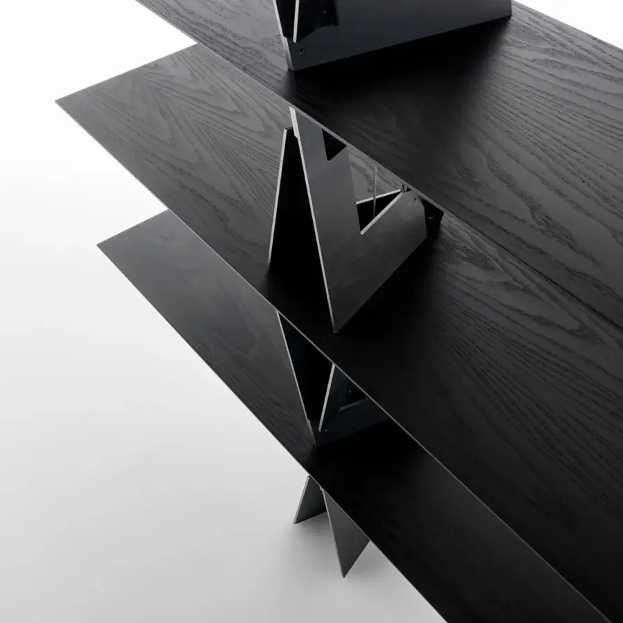 Superior Horm Quadror 04 bookcase with moka-stained ashwood veneered spruce shelves and angular raw metal supports