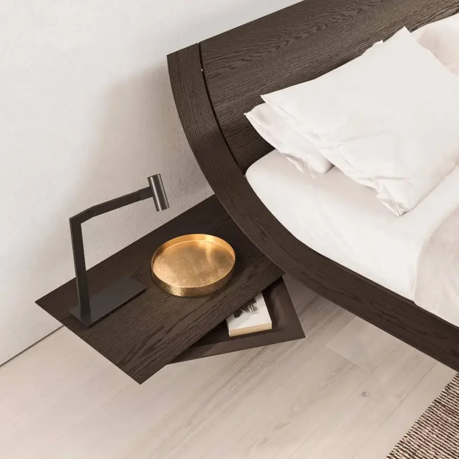 Captivating Presotto Aqua bed with curved Tobacco Oak veneer, beech slats and Marrone Corteccia lacquered wooden feet