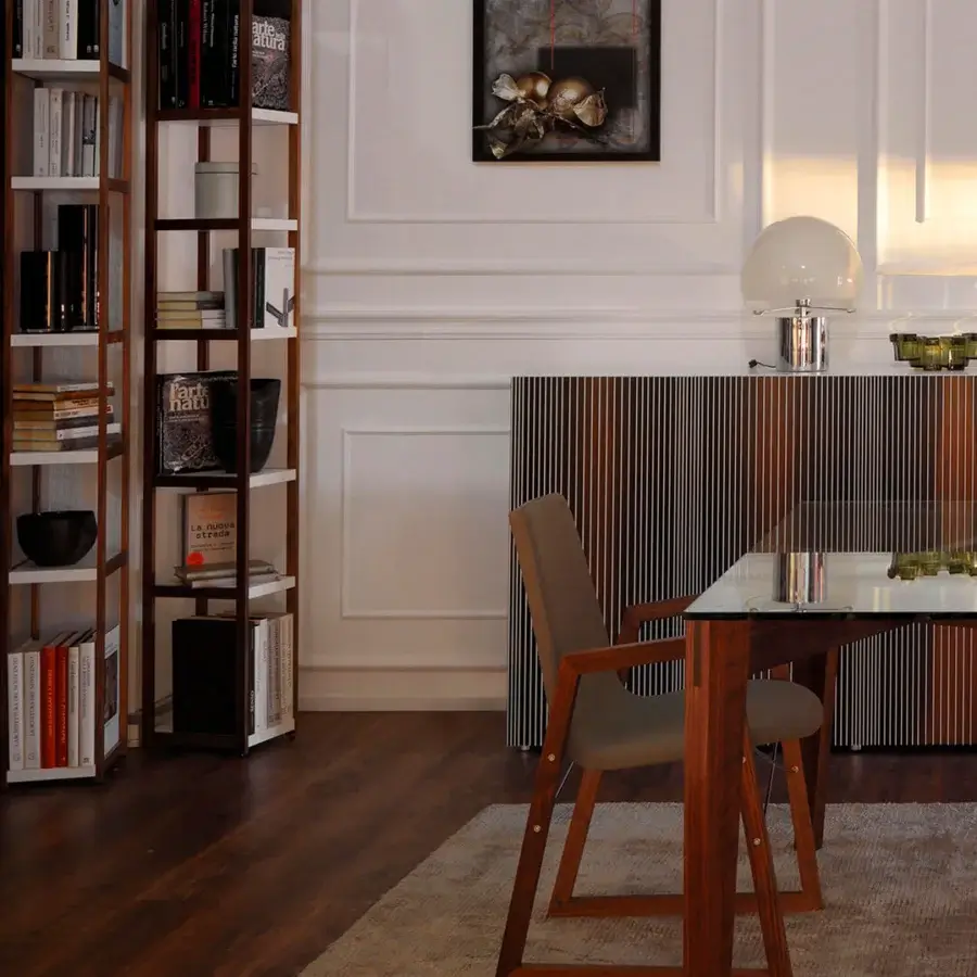Exceptional Horm Singles bookcase with solid walnut construction and fixed lacquered MDF shelves for ample open storage