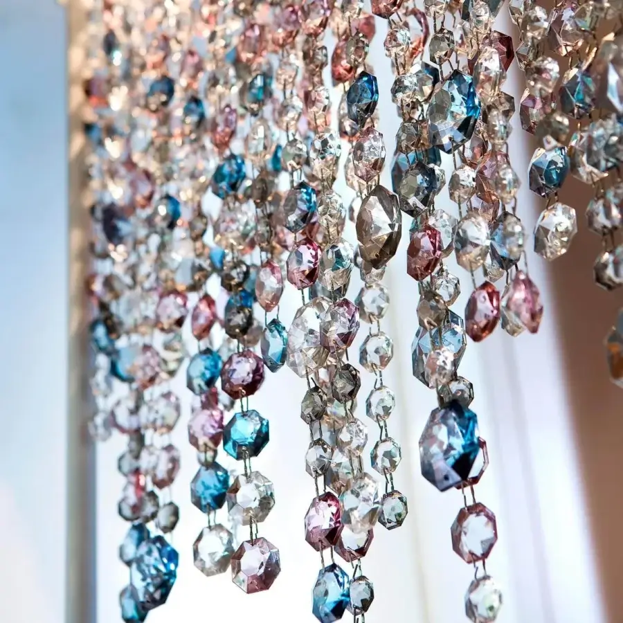 Exclusive Masiero Olà floor lamp with slender metal frame and coated Italian glass pendants in clear, blue, pink hues with glossy finish