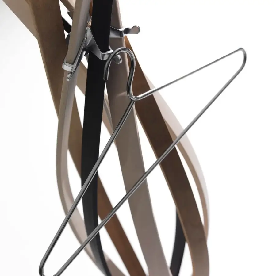 Exceptional Horm Twist coat stand crafted in twisting beech slats displaying light to dark brown tones with a black strip and smooth finish