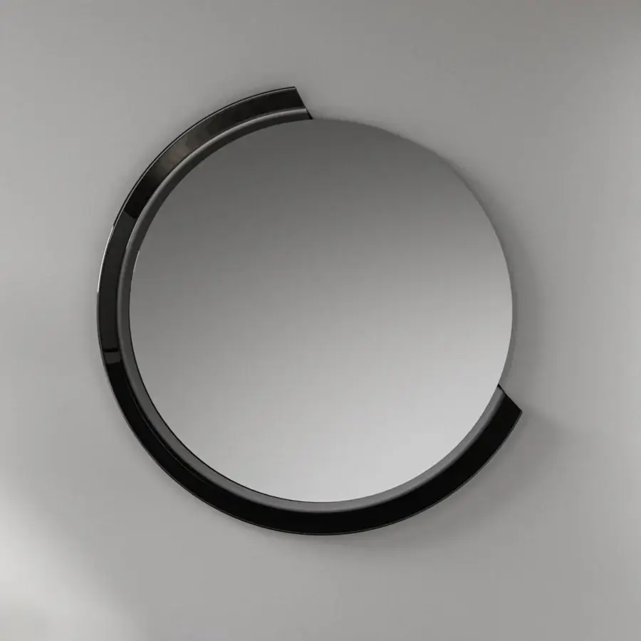 Distinguished Ozzio Italia Kelly mirror with curved glossy black glass creating a contemporary crescent moon effect