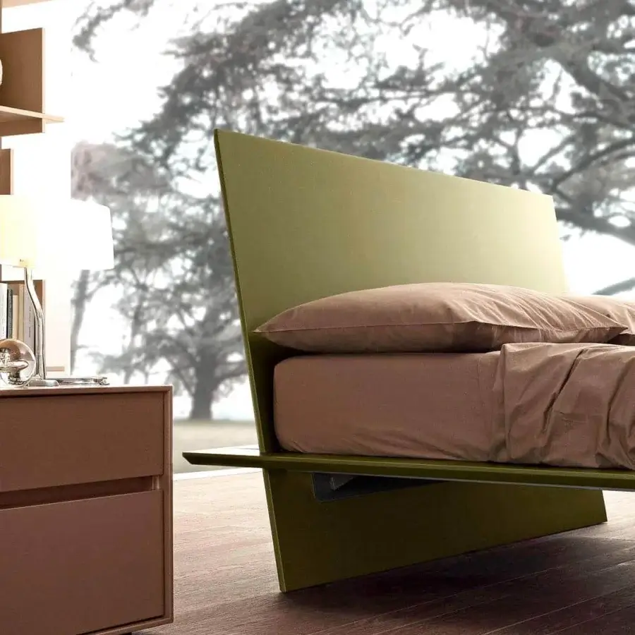 Superior Presotto Plana bed with integrated headboard crafted in light olive green lacquered particleboard and beech slats