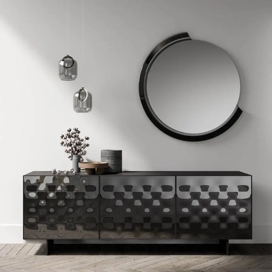 Distinguished Ozzio Italia Kelly mirror with curved black glass creating a crescent moon effect and reflecting concentric arches of light