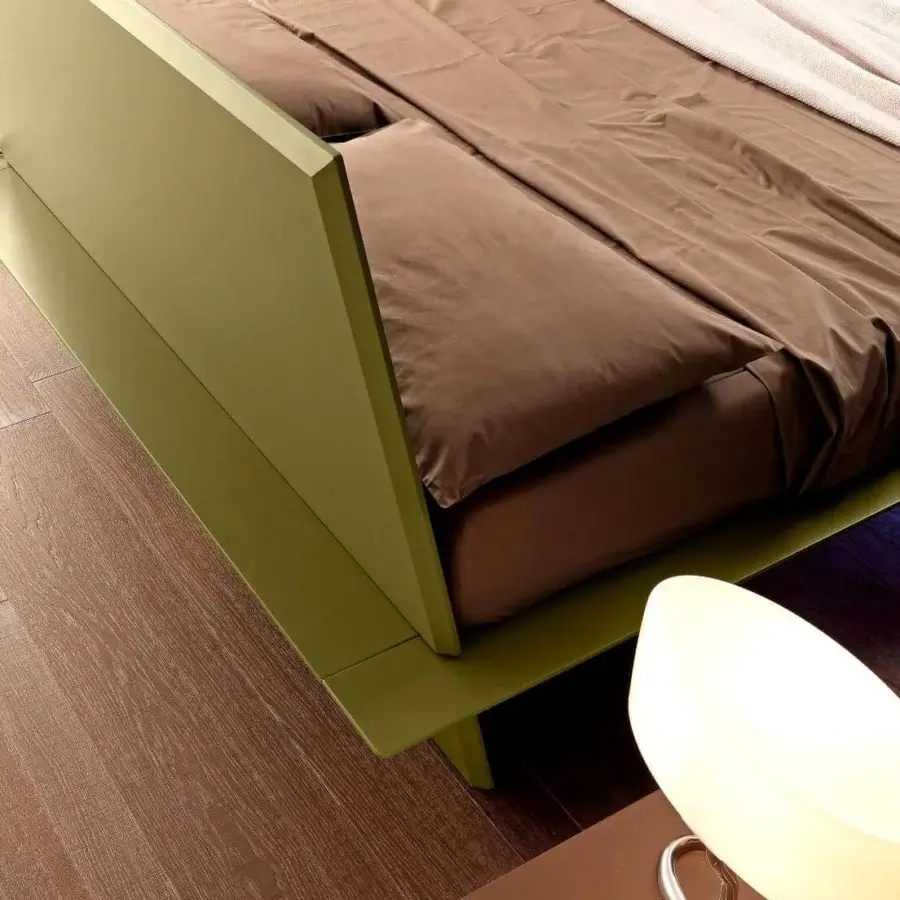 Refined Presotto Plana bed with particleboard construction and light matte green lacquer finish ensuring optimal comfort