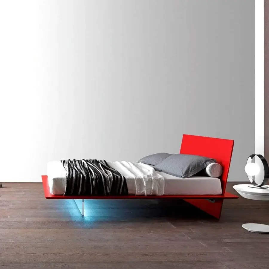 Exceptional Presotto Plana bed with red particleboard and transparent methacrylate, exhibiting a smooth matte lacquered finish